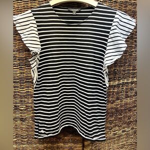 Lauren Ralph‎ Lauren-Black/White Striped Short Sleeve Tee-Ruffle sides,XLarge